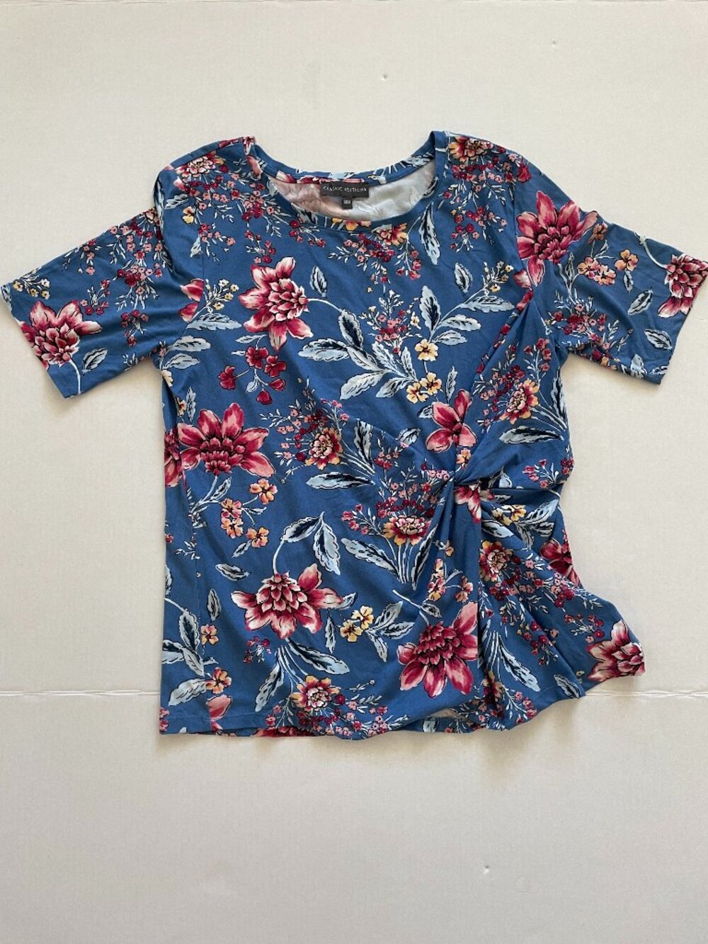Classic Editions Blue Floral Twist‑Front Top M